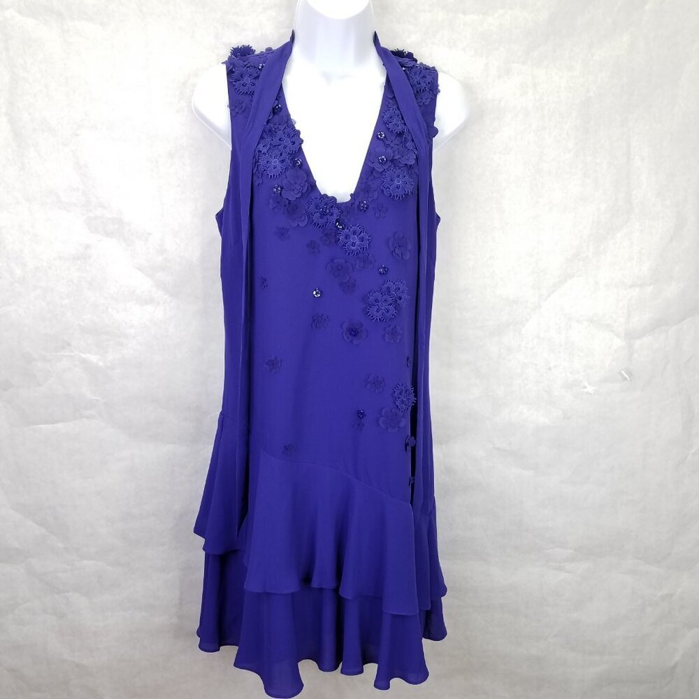Karen Millan Mini Dress Sz 6 Floral Applique Beads Taffeta Purple Ruffle Tiered